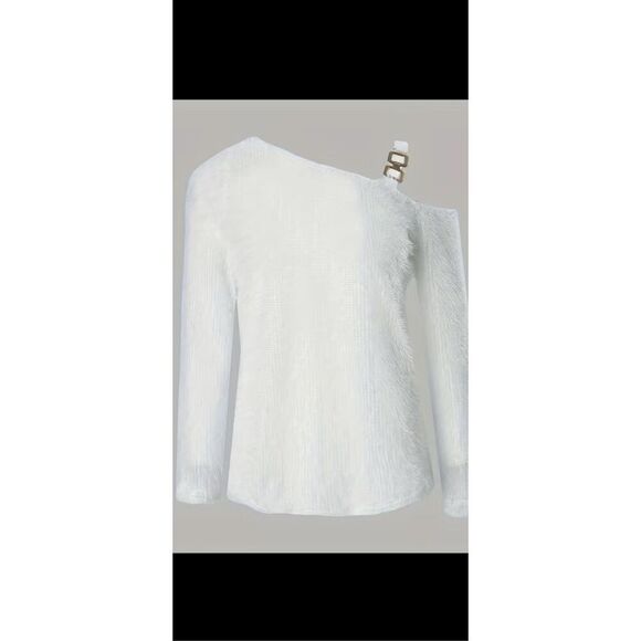 White fluffy slanted shoulder knit sweater one shoulder open with chain link str - Picture 6 of 9